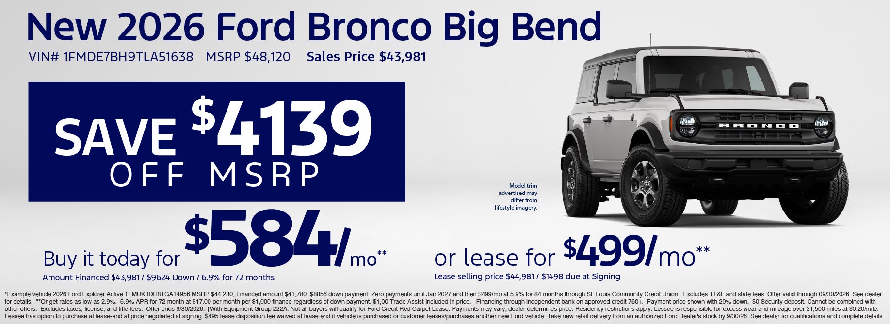 Lease a 2026 Bronco starting at $499/mo